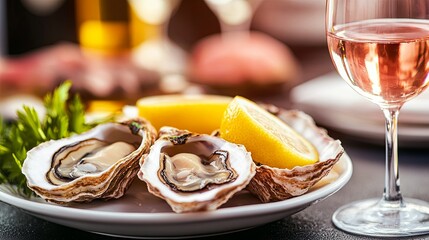 White wine in a glass and oysters in a restaurant