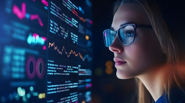 A woman in glasses intently examines data and graphs on a computer screen.