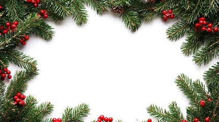 Christmas Frame with Green Fir Branches on White Background