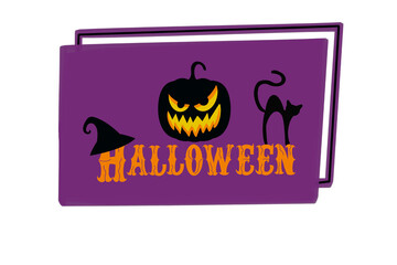 png halloween sticker , lettering in orange with pumpkin monster face and scary cat