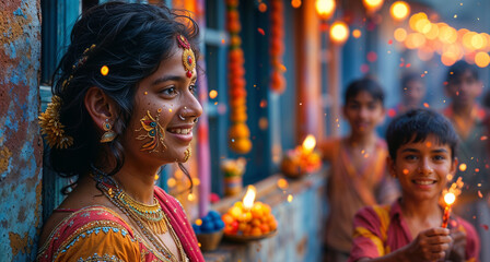 Obraz premium Portrait of unidentified Hindus during Diwali festival of lights tradition Diya