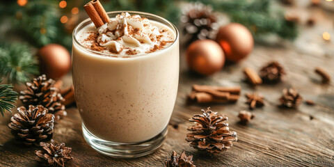 Glass of hazelnut eggnog topped with whipped cream and cinnamon, surrounded by pinecones and holiday decorations, perfect for festive winter themes.