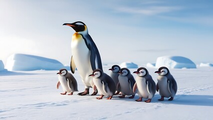 Obraz premium This heartwarming photograph captures the essence of penguin family life, featuring a line of penguin chicks following their parent across a snowy landscape. 