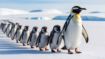 Obraz premium This heartwarming photograph captures the essence of penguin family life, featuring a line of penguin chicks following their parent across a snowy landscape. 