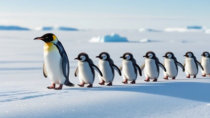 Obraz premium This heartwarming photograph captures the essence of penguin family life, featuring a line of penguin chicks following their parent across a snowy landscape. 