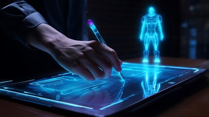 A hand using a stylus on a holographic interface with a 3D figure in the background.