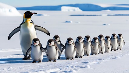 Fototapeta premium This heartwarming photograph captures the essence of penguin family life, featuring a line of penguin chicks following their parent across a snowy landscape. 