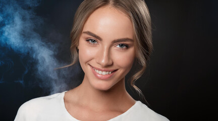 Woman with blue eyes, smiling close-up on blask background with smoke 