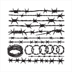 Barbed wire collection silhouette vector. Razor wire silhouettes. Barbed wire metallic border elements, barb wire set, barb wire icon.