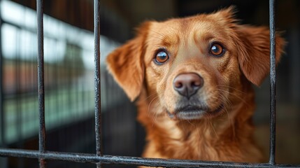 Lonely Brown Dog Behind Shelter Cage Looking Out With Hope Representing Animal Rescue Adoption And Compassion On World Animal Day