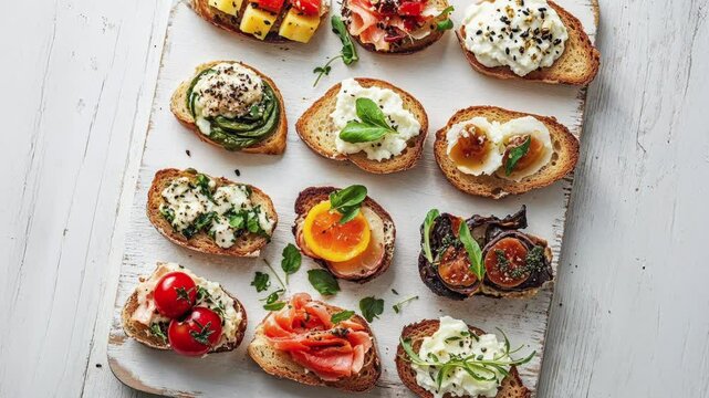 Variety of Gourmet Bruschetta on Rustic White Wooden Board