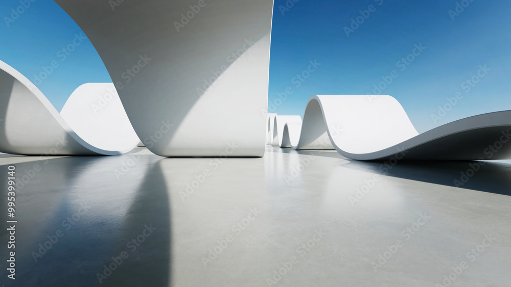 Aufkleber 3d render of abstract wavy structure, futuristic architecture with empty concrete floor