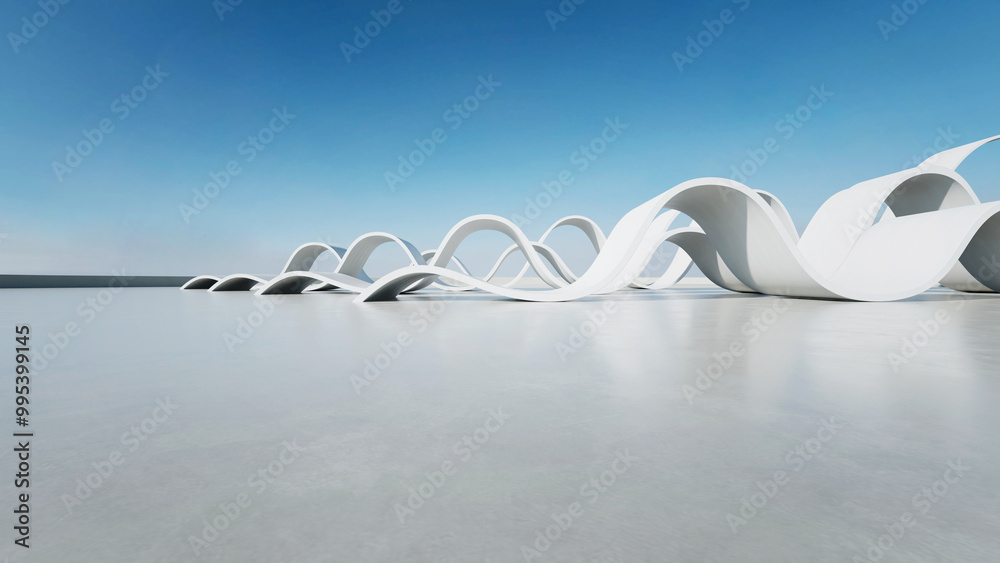 Aufkleber 3d render of abstract wavy structure, futuristic architecture with empty concrete floor