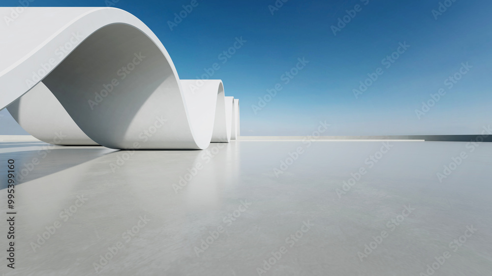 Poster 3d render of abstract wavy structure, futuristic architecture with empty concrete floor