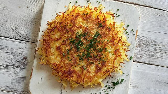 Golden Crisp Potato Pancake on Rustic White Background