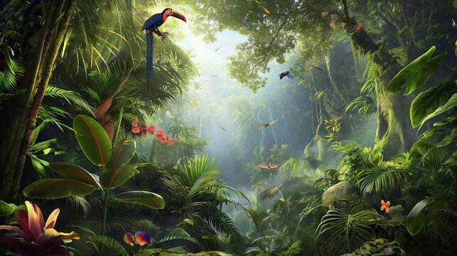 forest theme of green tree, a bird on the tree