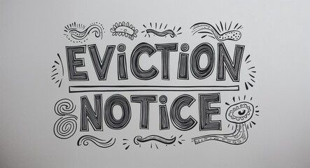 eviction notice word lettering with groovy doodles drawing design on plain white background