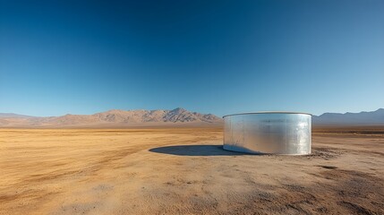 Gleaming stainless steel storage tank in the heart of a remote desert, surrounded by vast emptiness and dry, cracked earth under a clear, blazing sky