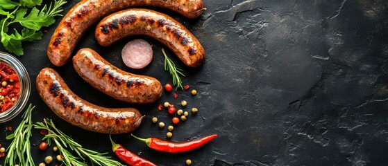 Grilled sausages arranged on a dark stone surface with fresh herbs and spices in a culinary display