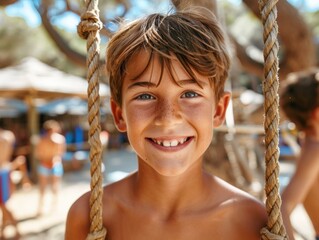 A young boy smiles while sitting on a rope swing. AI.