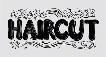 Haircut word lettering with groovy doodles drawing design on plain white background