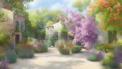 Fototapeta premium 花咲く庭と自然と幻想が織りなすロマンチックな風景」