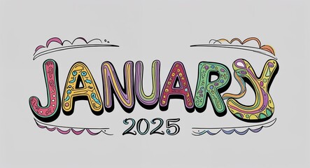 january 2025 word lettering with groovy doodles drawing design on plain white background