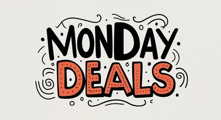 Naklejka premium Monday deals word lettering with groovy doodles drawing design on plain white background