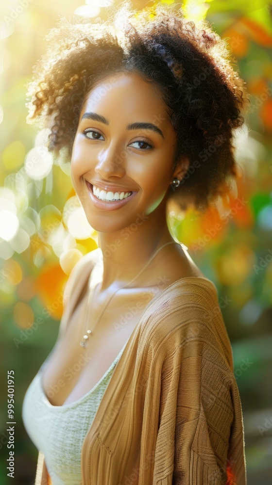 Wall mural A young woman with curly hair smiles brightly in the sunshine. AI.