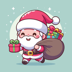 chibi cute kawaii santa claus with gift box gifts boxes christmas present flat design illustration