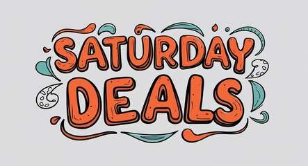 Saturday deals word lettering with groovy doodles drawing design on plain white background