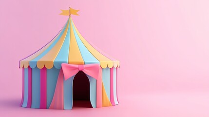 Obraz premium 3D colorful cartoon tent, space for text, light background, playful design.