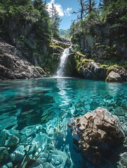 Naklejka premium A serene waterfall cascading into a crystal-clear pool surrounded by lush greenery.