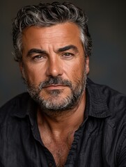 Obraz premium A man with a beard and graying hair looks directly at the camera. AI.