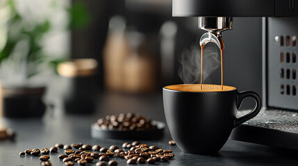 A coffee machine is pouring coffee into a black cup
