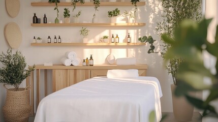 Relaxing Spa Room with White Towels, Plants & Wooden Shelves