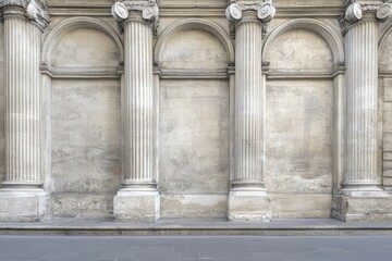 Obraz premium Architectural details of ancient columns lining a weathered stone wall in an outdoor urban setting during daylight hours