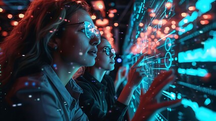 Fototapeta premium Two individuals interacting with a digital interface displaying data and analytics.