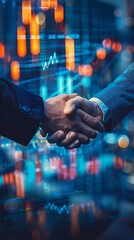 A handshake symbolizing partnership with financial graphs in the background.
