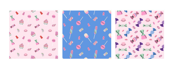 Sweets and candy seamless pattern. Chocolate, different lollipop, marmalade. Confectionery textile, wrapping paper, wallpaper design. Print christmas and birthday kids present cartoon flat background