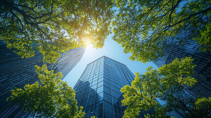 A city skyline with a tree in the middle of it