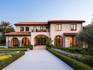 Obraz premium A stunning Mediterranean-style villa with arched windows, lush landscaping, and a welcoming entrance, set against a clear sky.