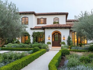 Obraz premium A beautiful Mediterranean-style home with a serene landscape, featuring lush gardens, olive trees, and a welcoming pathway leading to the entrance.