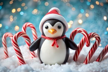 Cute penguin figurine in santa hat surrounded by candy canes