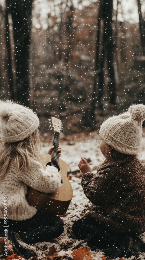 Wall mural Two little girls sitting in the snow with a guitar