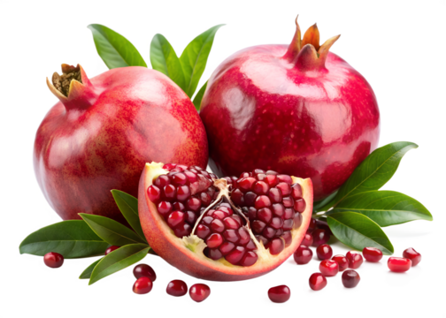 A vibrant pomegranate with seeds spilling out on a transparent background