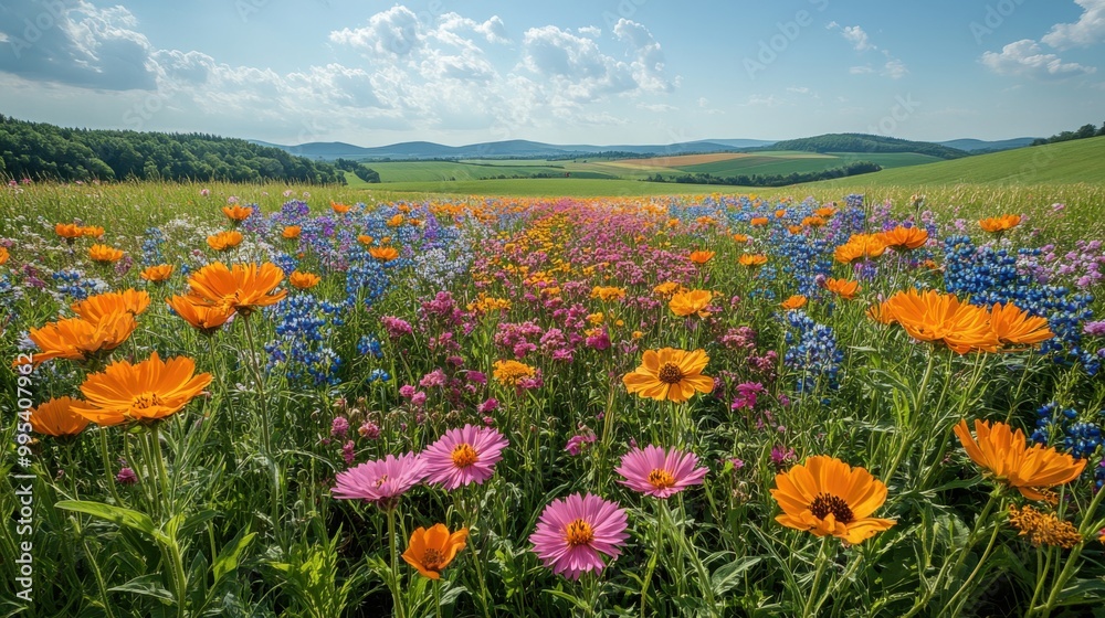 Wall mural a picturesque landscape of a farm with wildflower strips between crop rows, attracting pollinators a