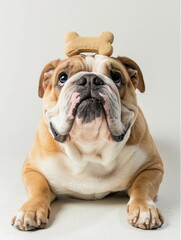 Obraz premium Lively Bulldog with a rubber bone perched on its head, looking towards the camera with a smiley emoticon, full-body pet portrait against a pure white background.