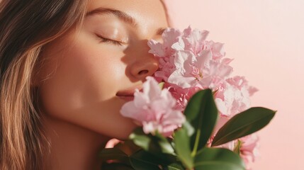 A serene woman closes her eyes, gently holding a bouquet of pink flowers against her face, embodying tranquility and beauty.