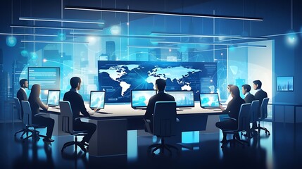A modern conference room with professionals analyzing data on screens and a world map.
